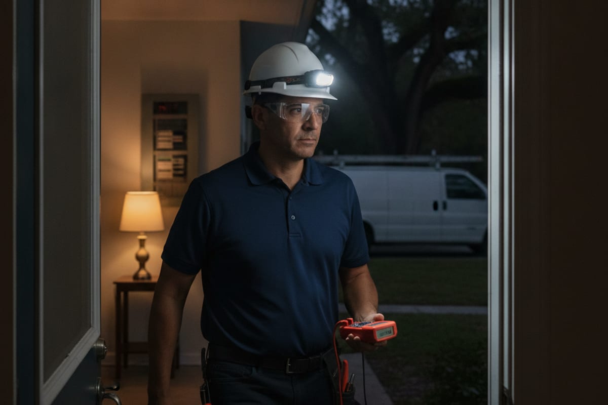 Electrician responding to an emergency call at night in a Tampa Bay home, headlamp on and diagnostic tools in hand