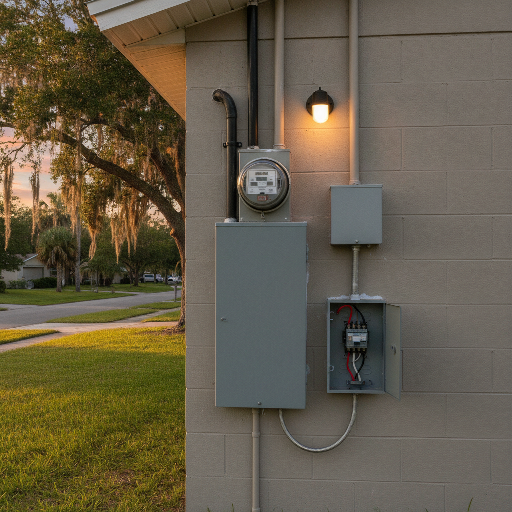 Exterior meter and panel on a Clearwater block-wall house at dusk, porch light on