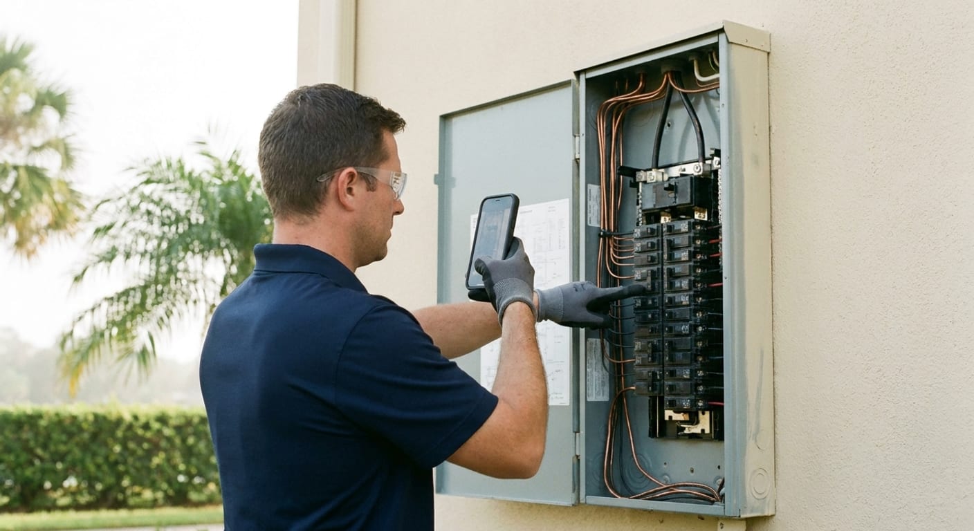 Electricista fotografiando un panel eléctrico abierto durante una inspección de vivienda