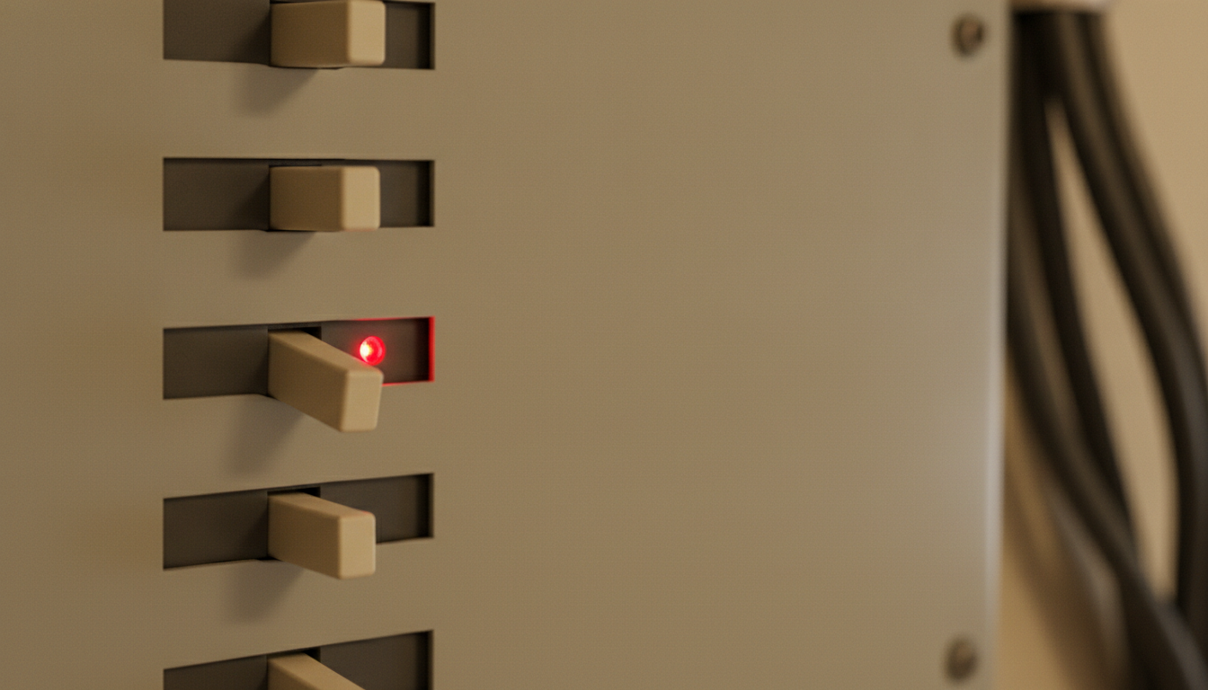 Arc-fault breaker with its diagnostic LED indicator in an open residential panel