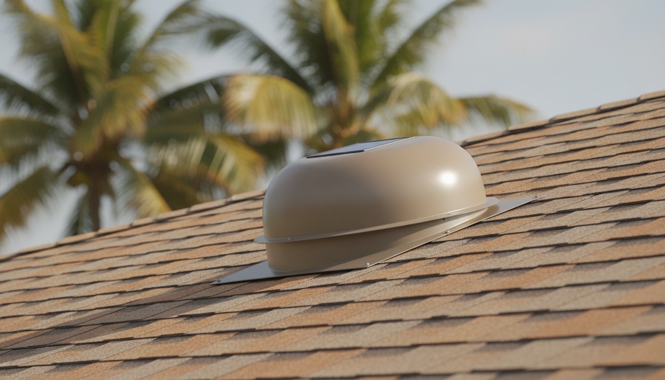 A powered attic ventilator mounted on the shingled roof of a single-story Florida home