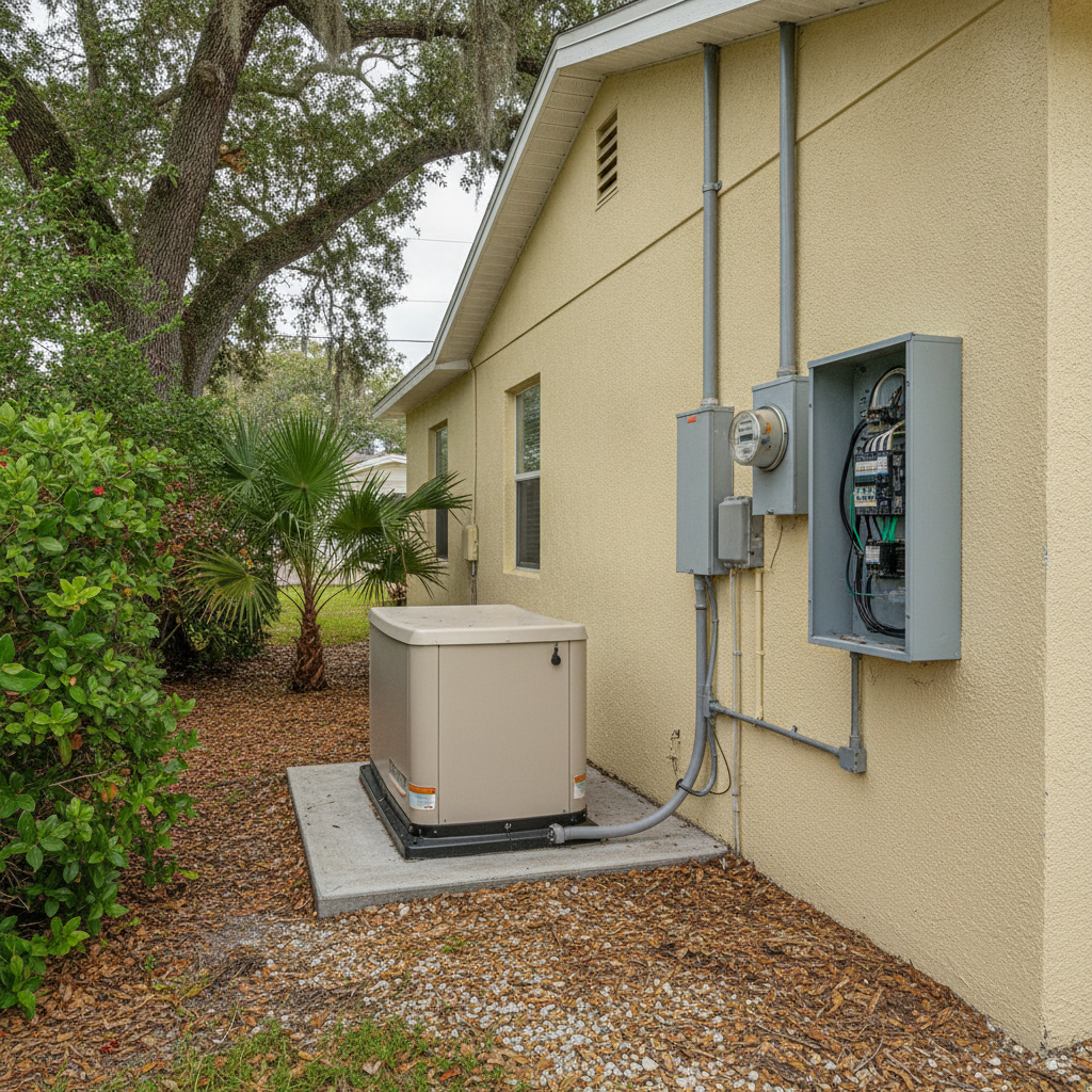 Standby generator on a pad beside a St. Petersburg bungalow, transfer equipment near the exterior panel