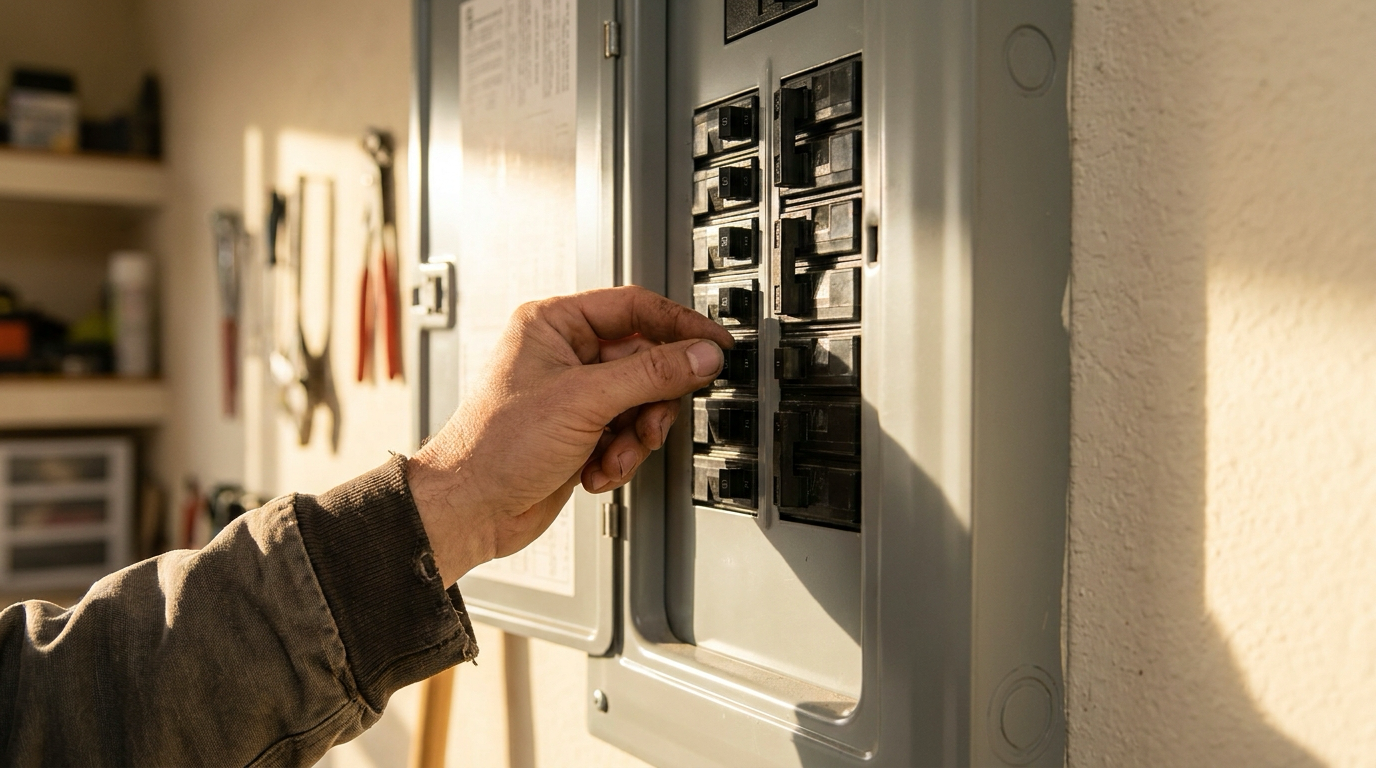 Mano de un propietario reactivando un breaker disparado en un panel eléctrico residencial abierto