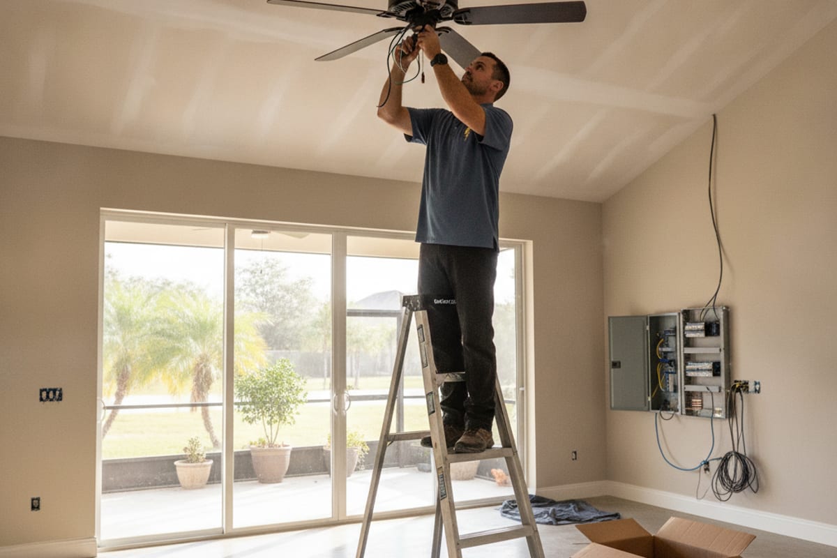 Licensed electrician installing a ceiling fan in a bright Tampa living room