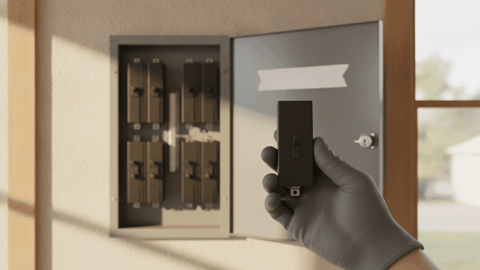 An electrician's gloved hand holding a replacement breaker in front of an open residential electrical panel