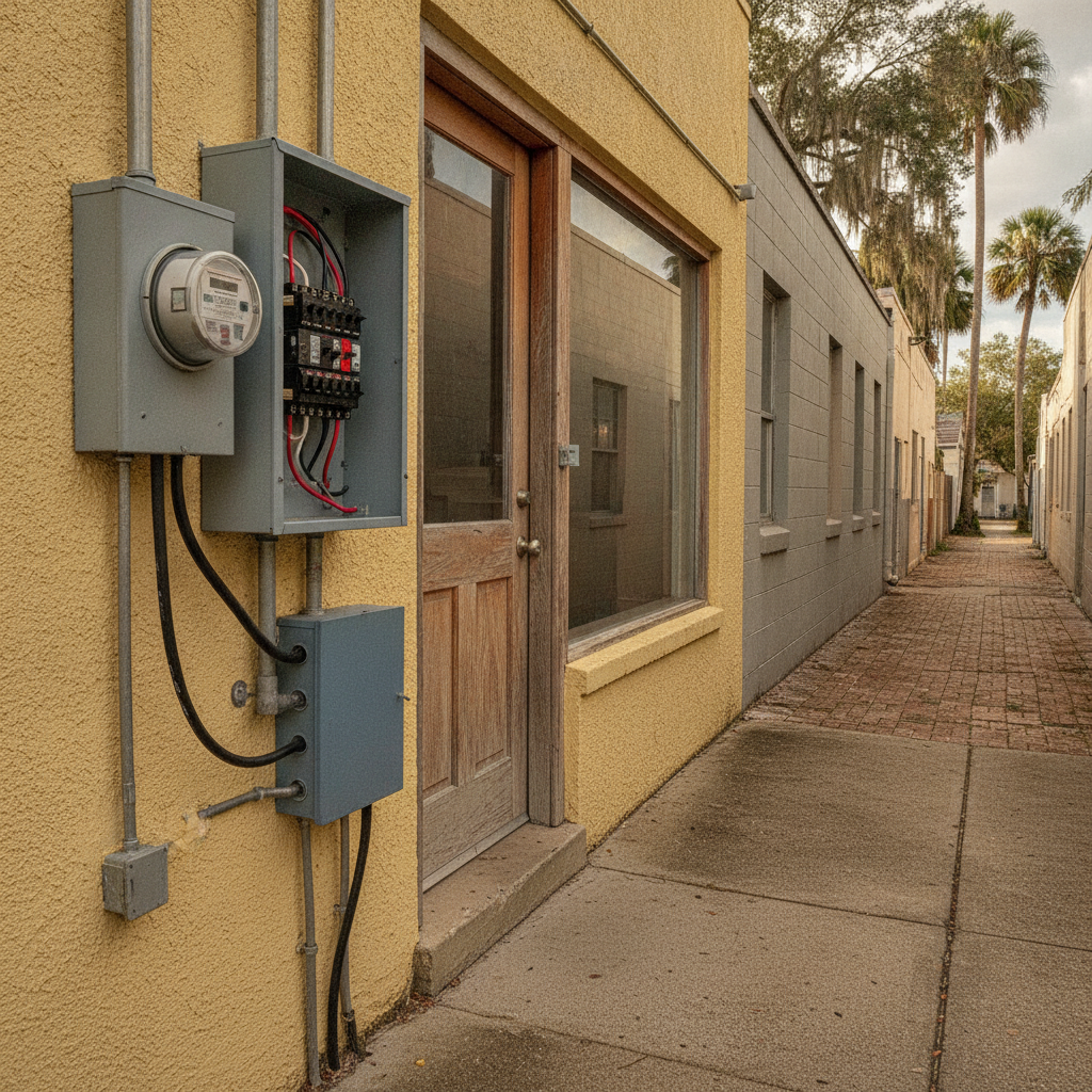 Exterior meter and panel on a small Tampa cafe storefront in late-morning light