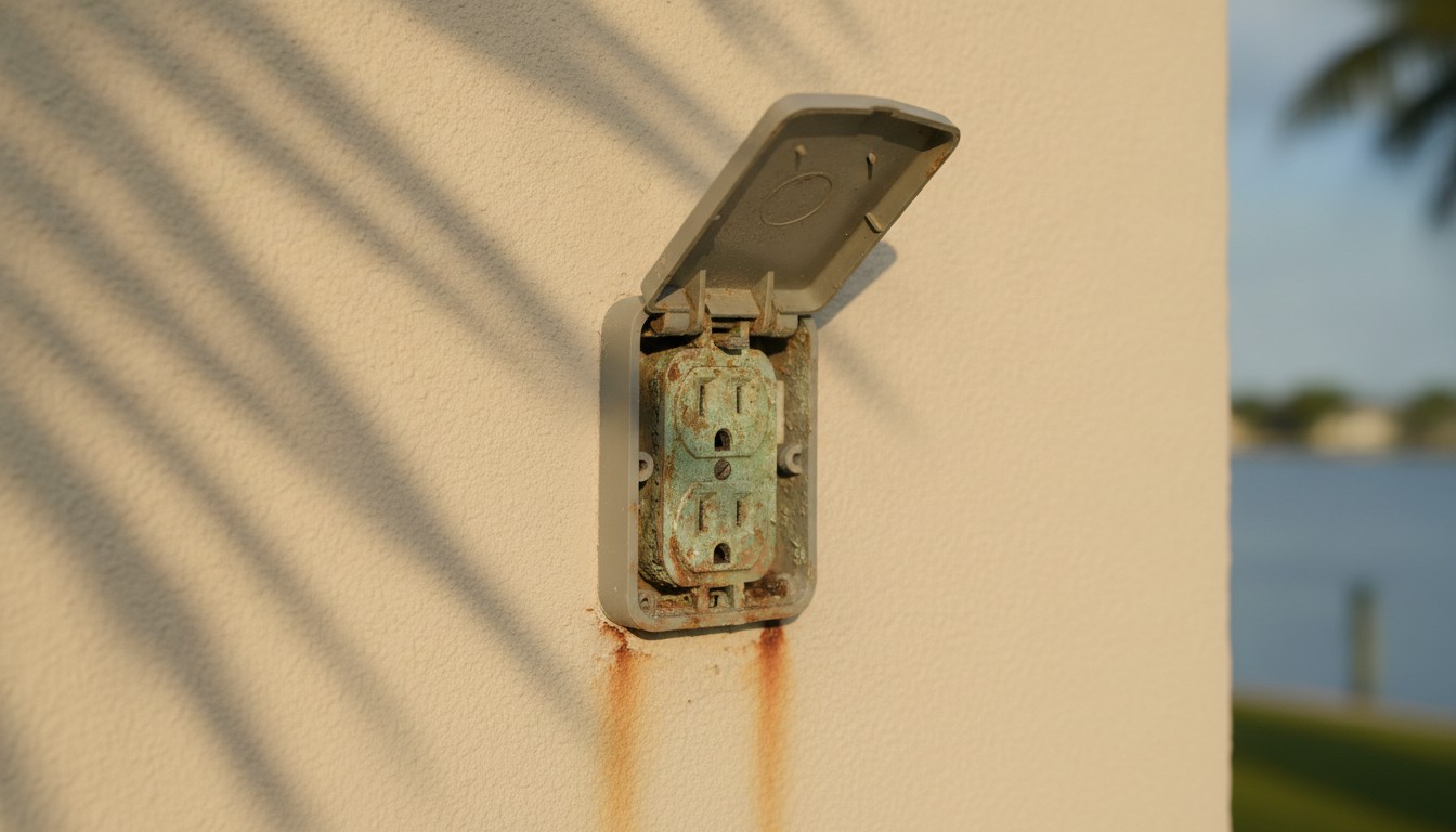 Corroded outdoor electrical outlet with green corrosion and rust streaks under an open weatherproof cover on the exterior wall of a Tampa Bay waterfront home