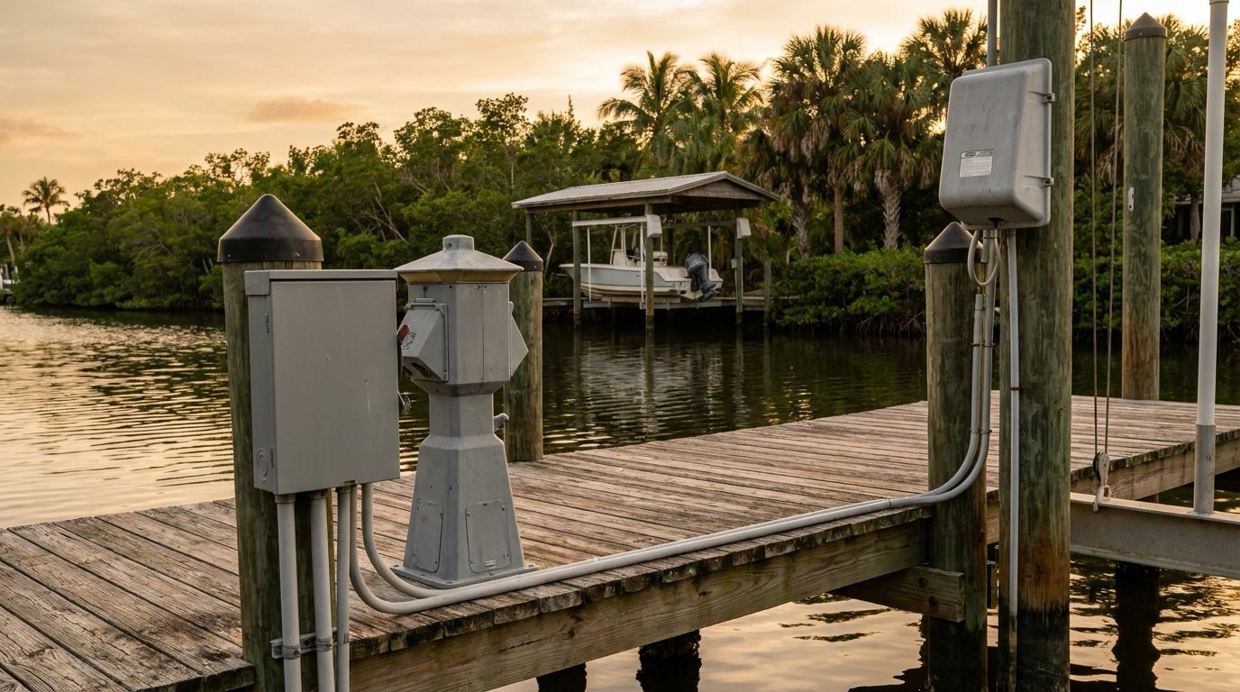Pedestal de energía en tierra y desconectador del elevador de lancha montados en un muelle de madera en un canal de Tampa Bay al atardecer