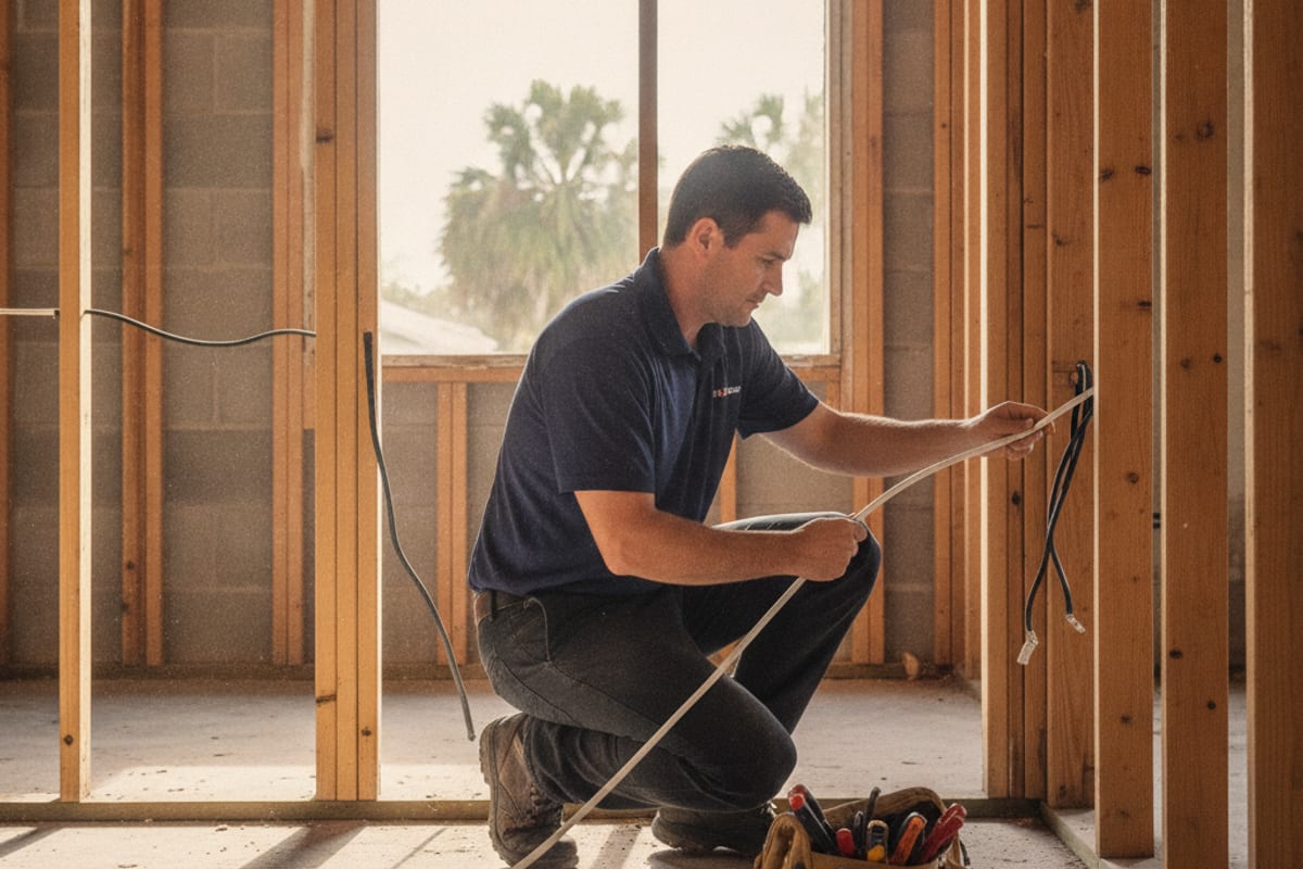 Person routing electrical cable between unfinished wall studs