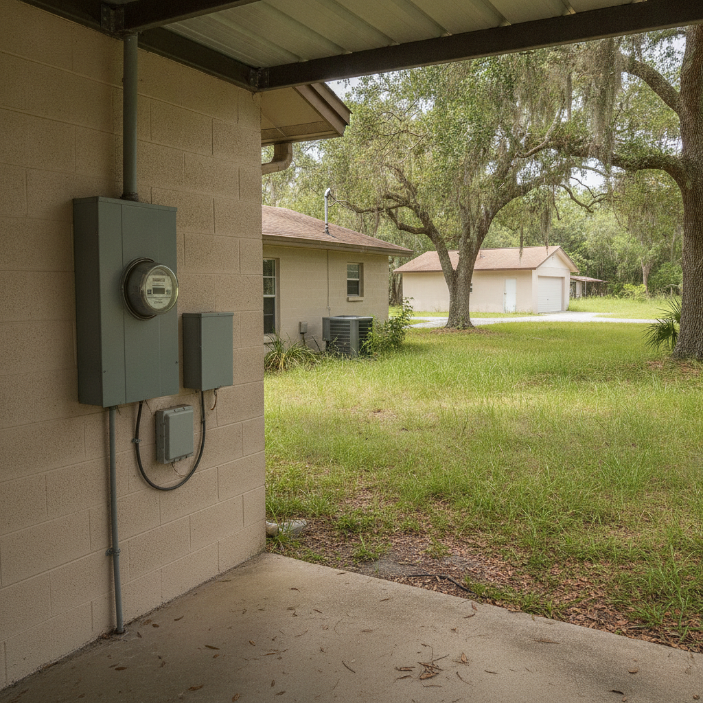 Exterior electrical panel and meter on a Land O' Lakes house with a side lot and detached garage