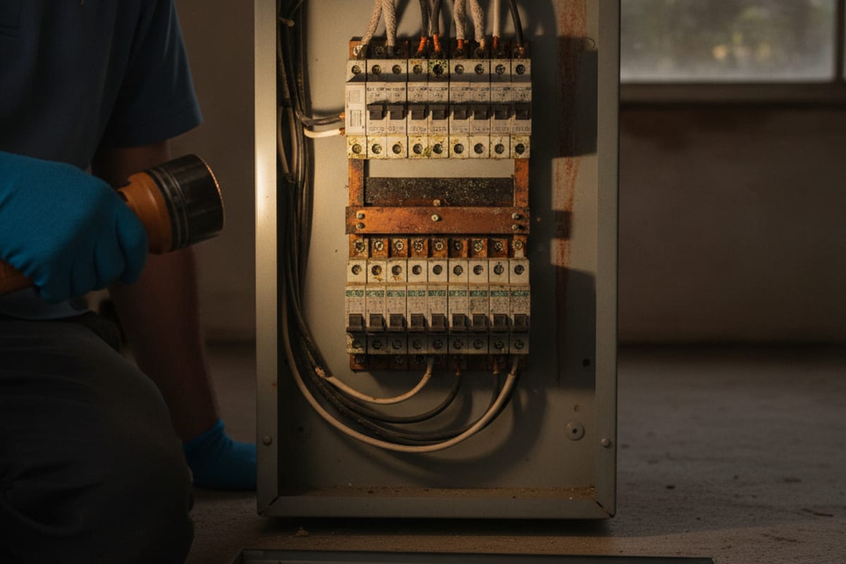 El haz de luz de la linterna de un electricista revela corrosión dentro de un panel eléctrico abierto en un garaje de Seffner