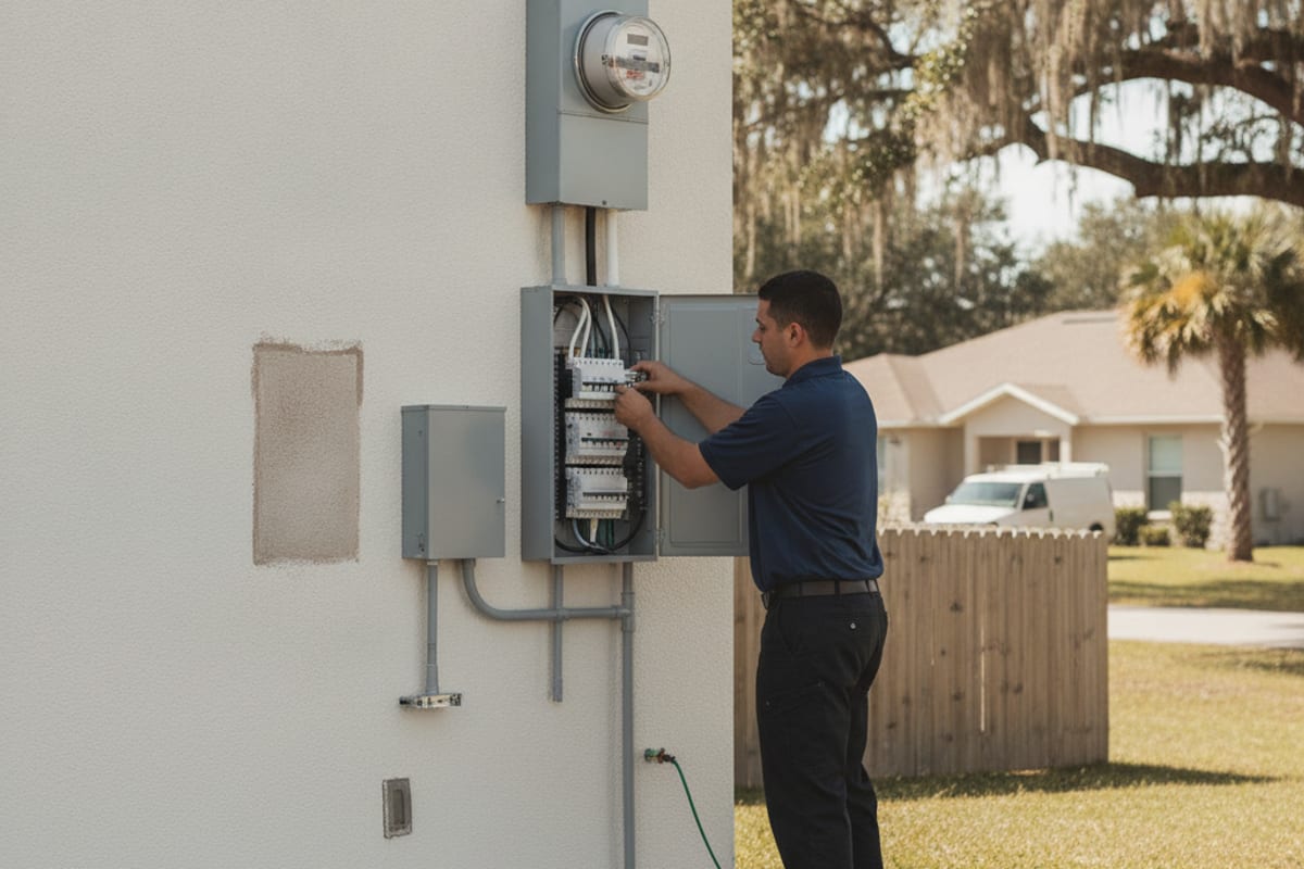 Electricista instalando un nuevo panel de breakers de 200 amperios en la parte exterior de una casa moderna en Wesley Chapel
