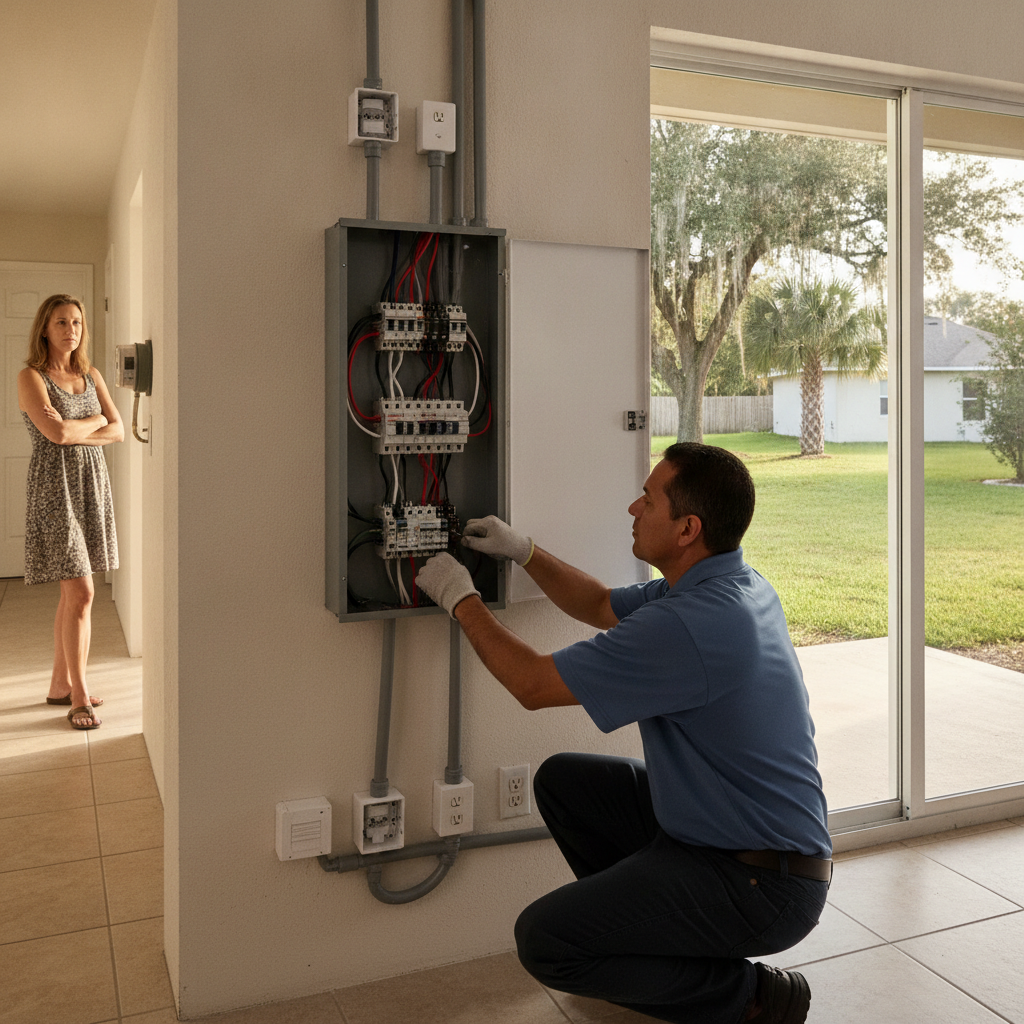 Electrician at an interior panel in a single-story Brandon, Florida house while a homeowner watches from the hallway