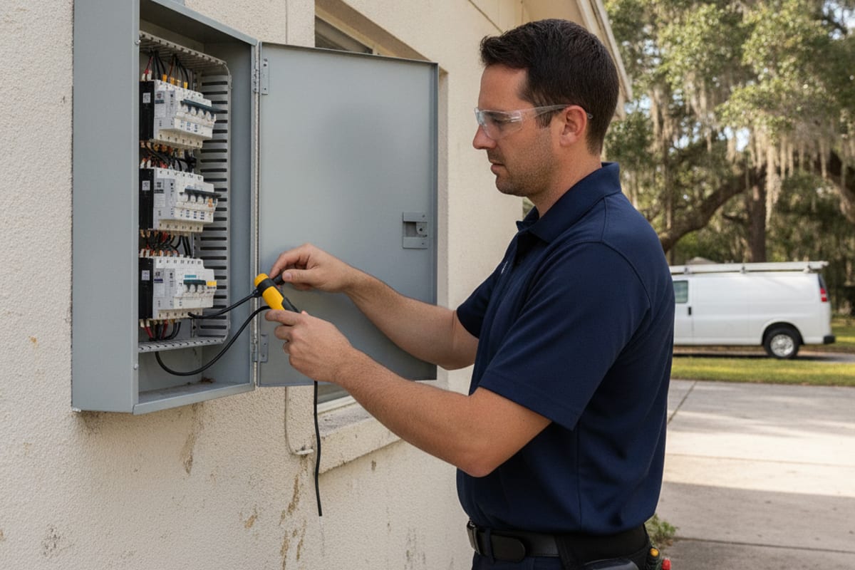 Electrician at an exterior panel testing for electrical problems at a Tampa Bay home
