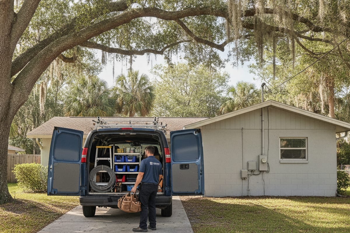 Electricista descargando una bolsa de herramientas de una camioneta de servicio estacionada en la entrada de una casa de Tampa Bay