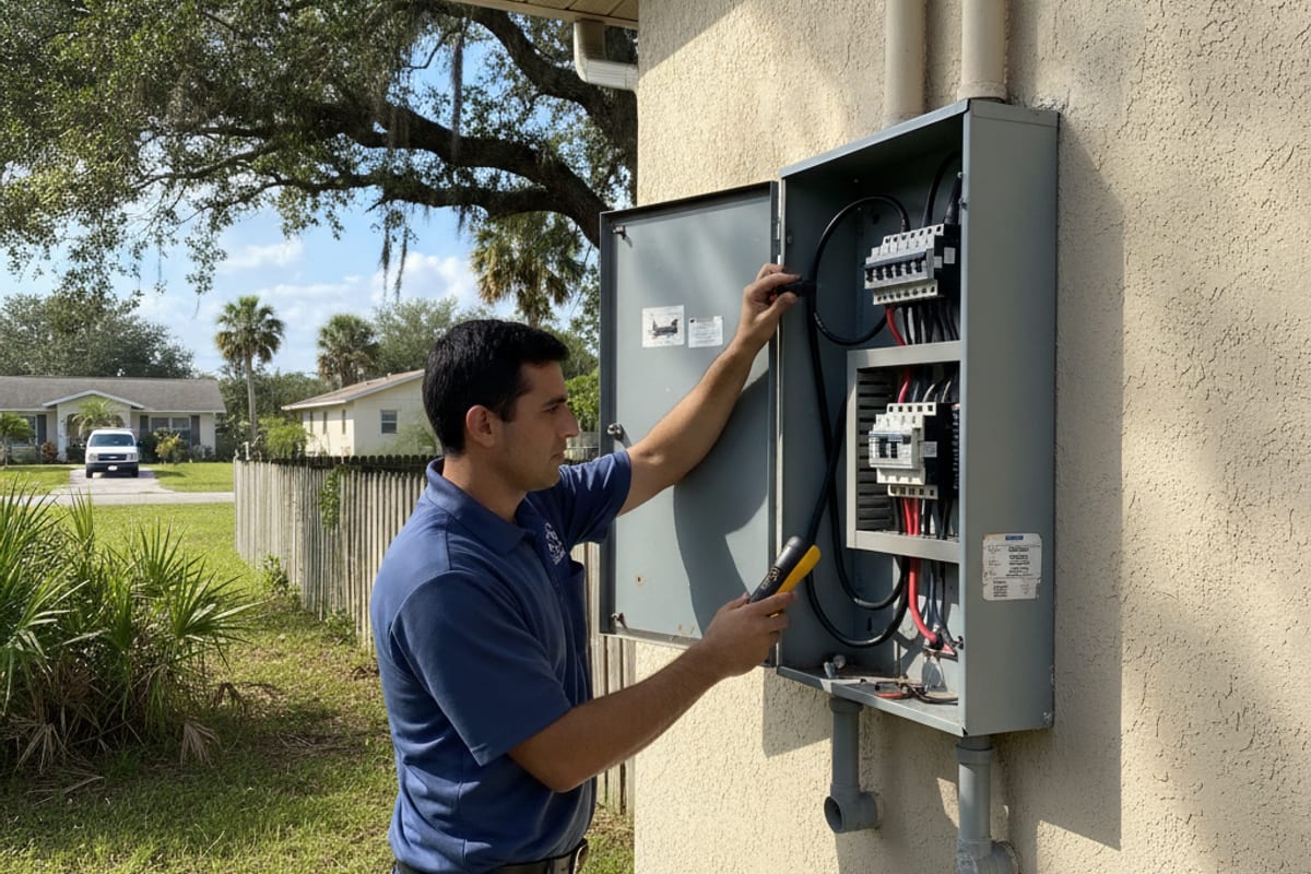 Electrician testing an exterior breaker panel on a residential home in Bloomingdale, Florida with native palmettos nearby