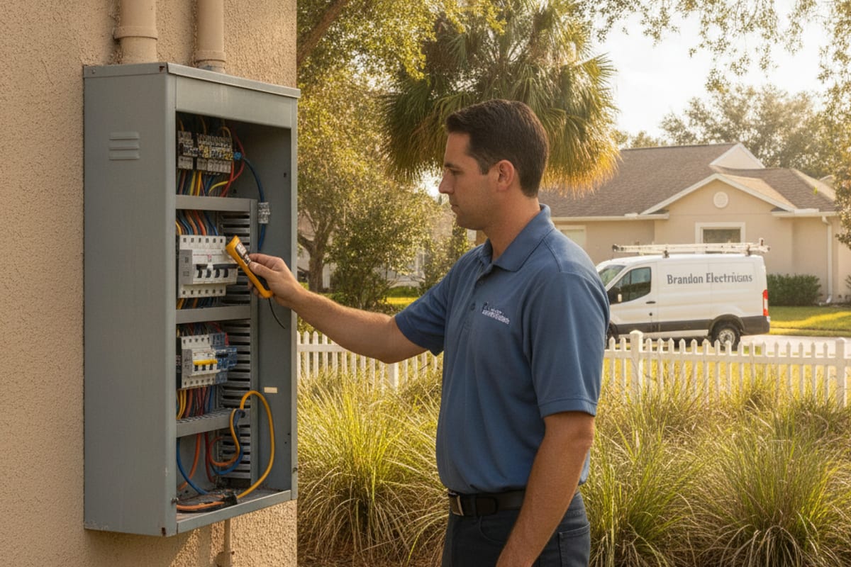 Electricista probando un panel de disyuntores exterior en una casa residencial en Brandon, Florida con vegetación de palmetto cercana