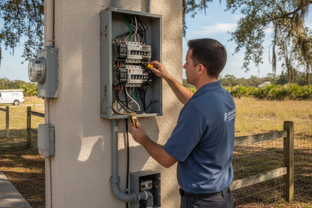 Electricista en polo azul marino probando un panel de disyuntores exterior en una casa en Hudson, Florida con árboles de roble maduros y paisaje rural visible al fondo