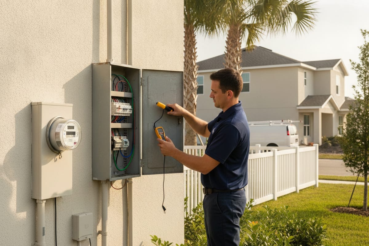 Electricista probando un panel de disyuntores exterior en una casa residencial más nueva en Land O' Lakes, Florida con palmeras maduras y paisajismo cercano