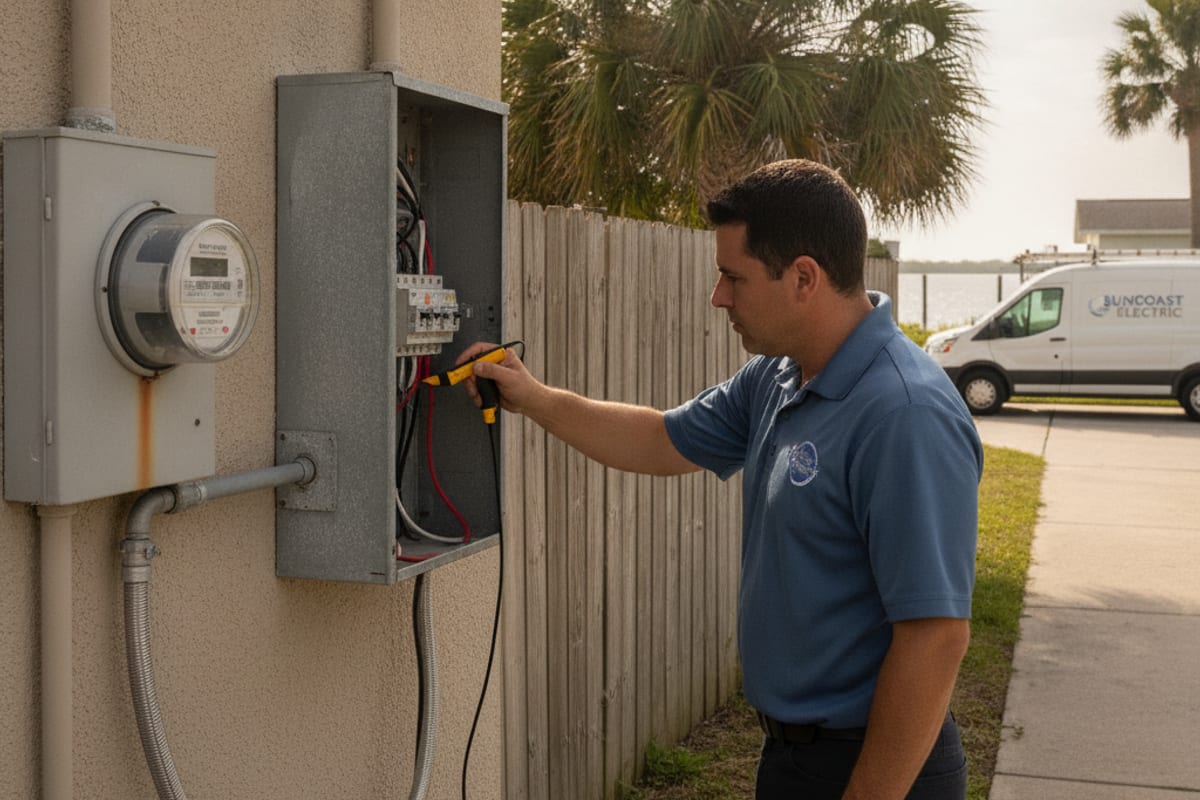 Electricista revisando un panel de disyuntores exterior en una casa residencial en Largo, Florida cerca del agua