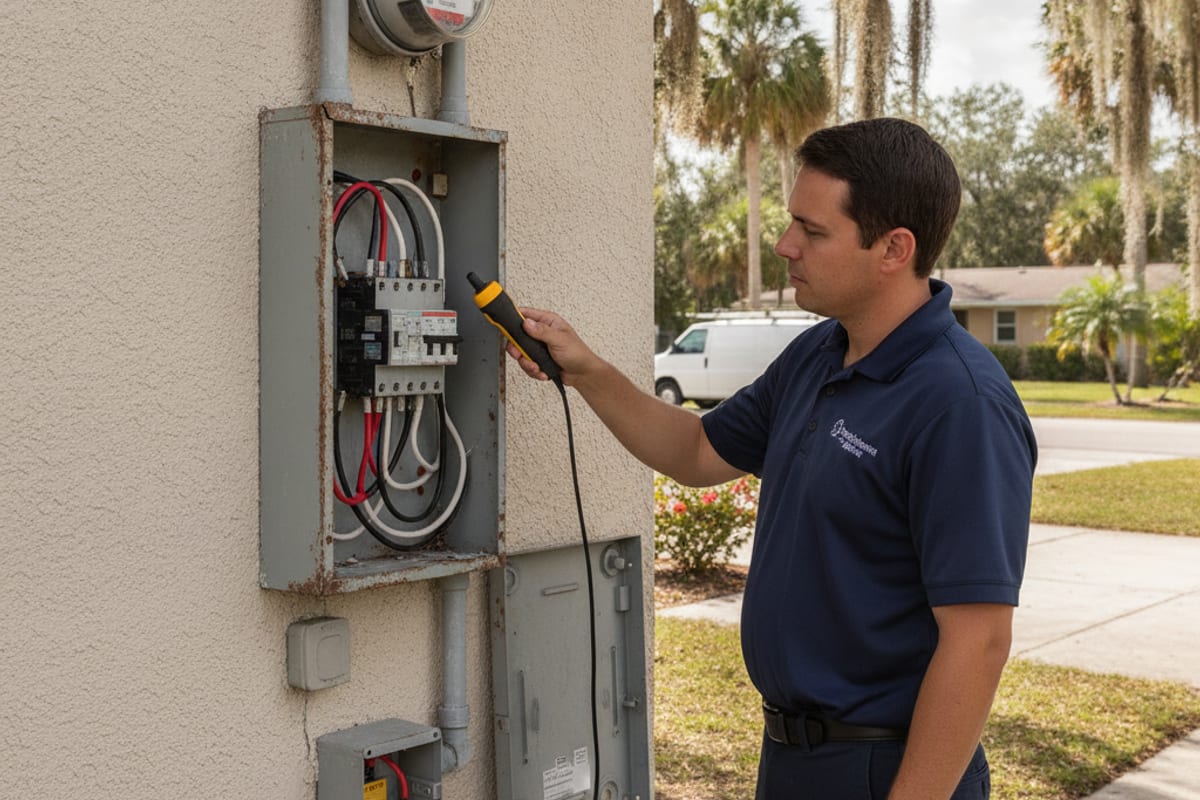 Electricista revisando un panel de disyuntores exterior en una casa residencial en New Port Richey, Florida cerca de la costa del Golfo