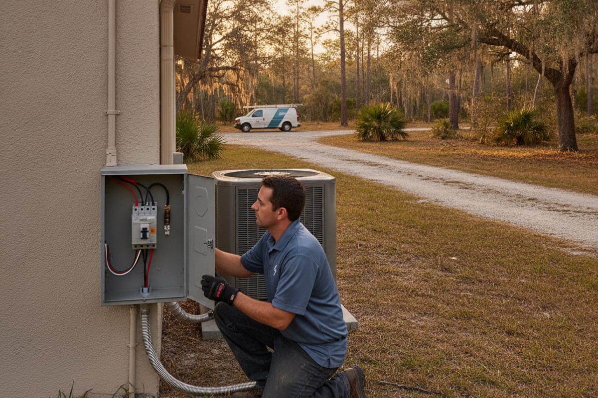 Electricista trabajando en una caja de desconexión exterior junto a un condensador de aire acondicionado en una propiedad rural de Odessa, Florida