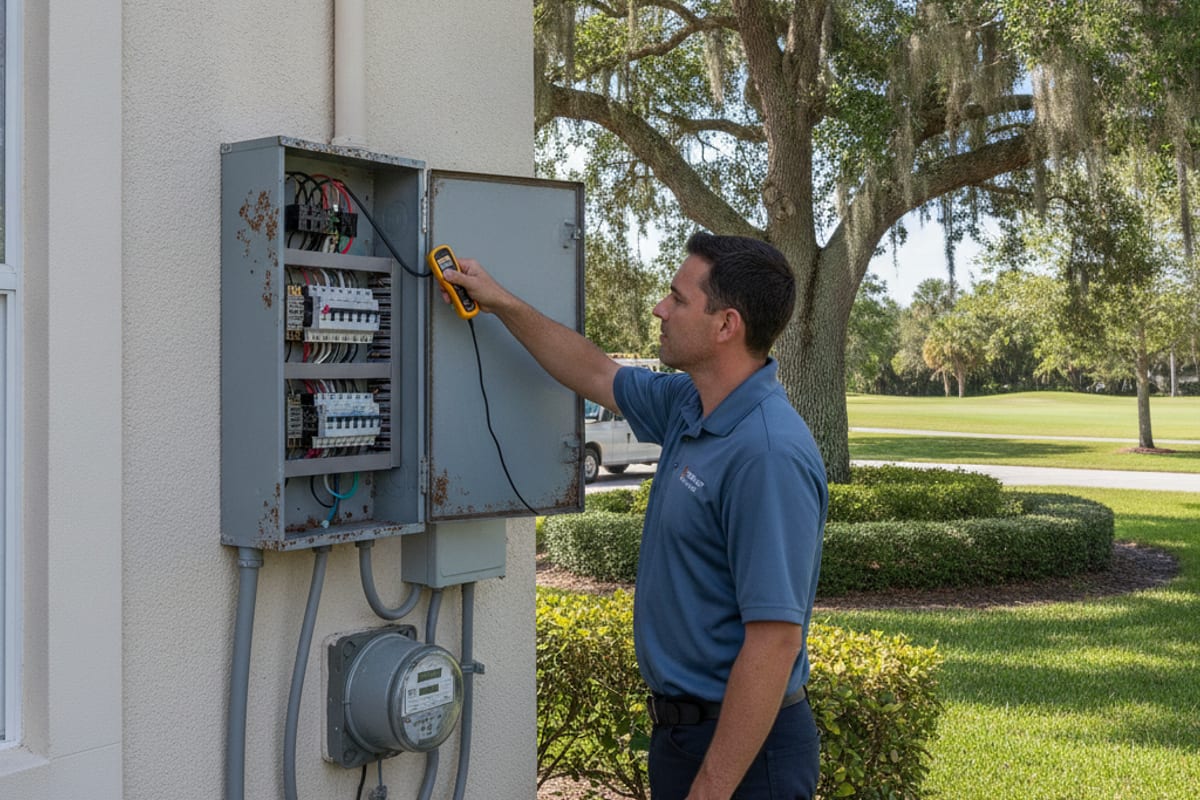Electricista en polo azul marino probando un panel de disyuntores exterior en una casa en Palm Harbor, Florida con paisaje maduro y campo de golf visible en el fondo
