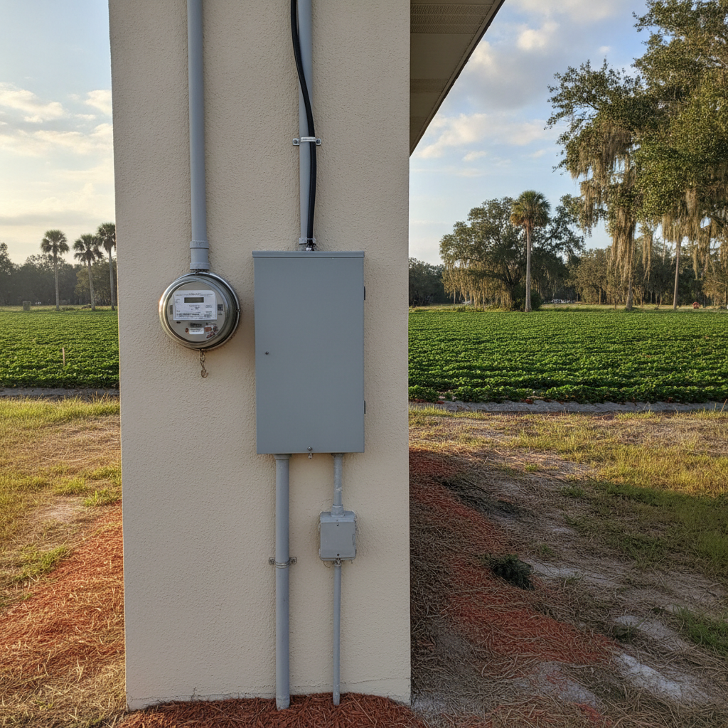 Exterior meter and panel on a concrete-block house in Plant City, Florida