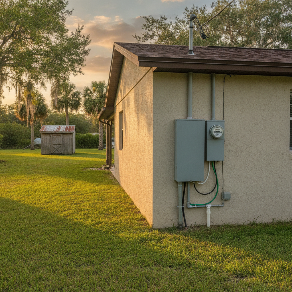 Ruskin house at late day with a long side-yard run toward a well-pump shed and an exterior panel in the foreground
