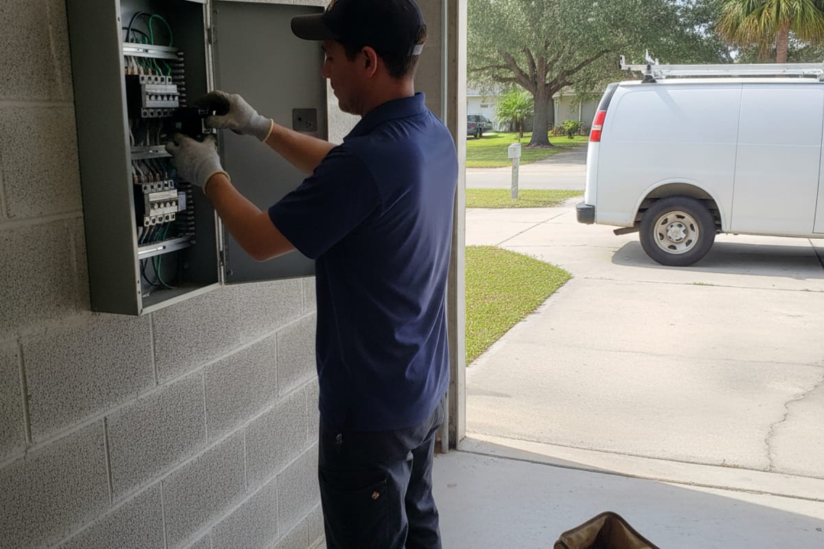 Licensed electrician in navy polo installing a double-pole breaker in an electrical panel inside a Seffner home with block construction