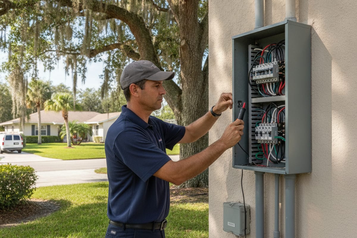 Electrician testing an exterior breaker panel on a Sun City Center home with mature oak trees nearby