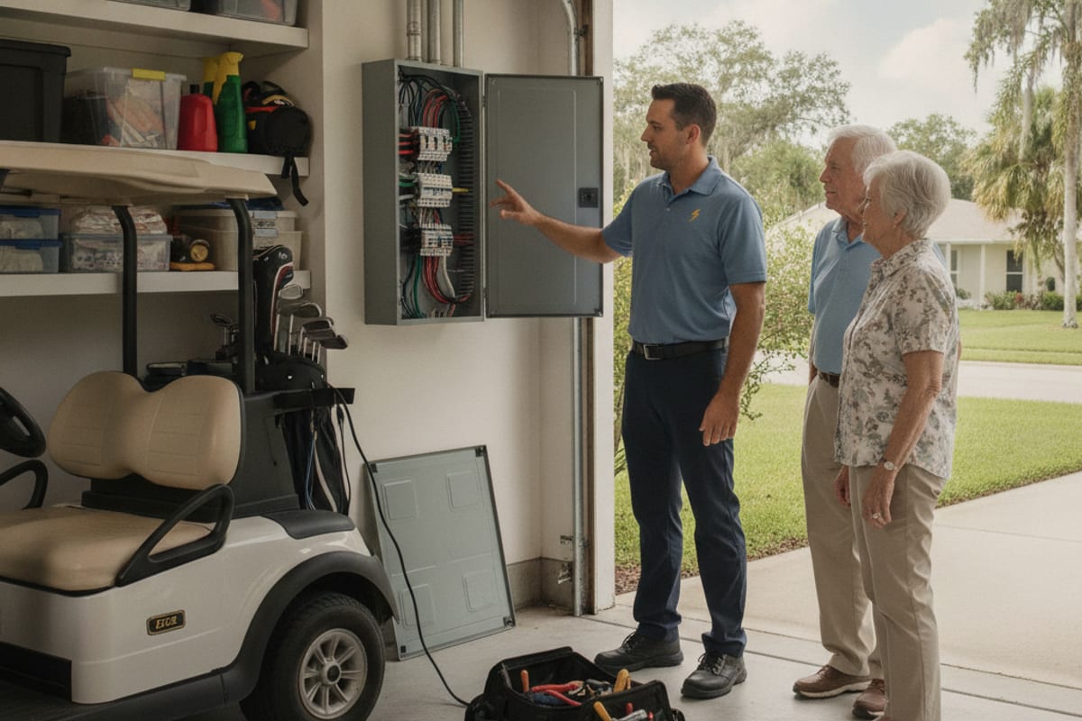 Electricista mostrando un panel abierto en el garaje a una pareja de dueños de casa mayores en Sun City, Florida