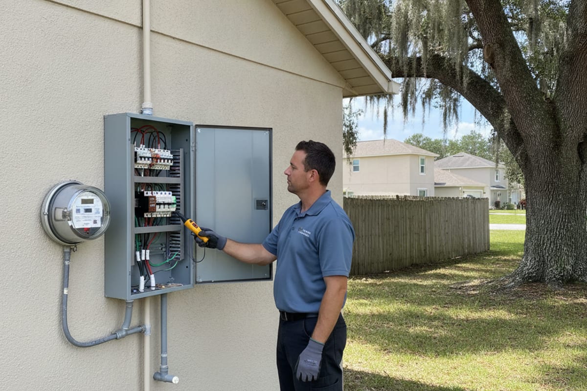 Electricista probando un panel eléctrico exterior junto al medidor en una casa de los años 70 en Trinity, Florida