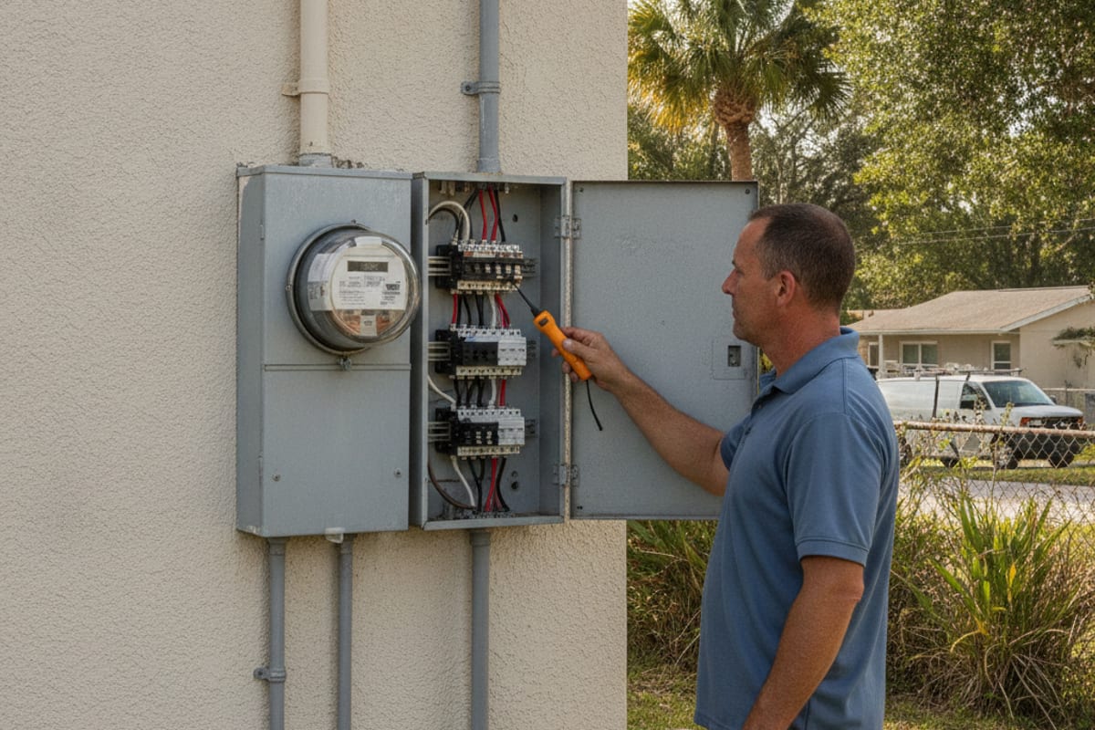 Electrician inspecting an outdoor meter and breaker panel on a Valrico residential home