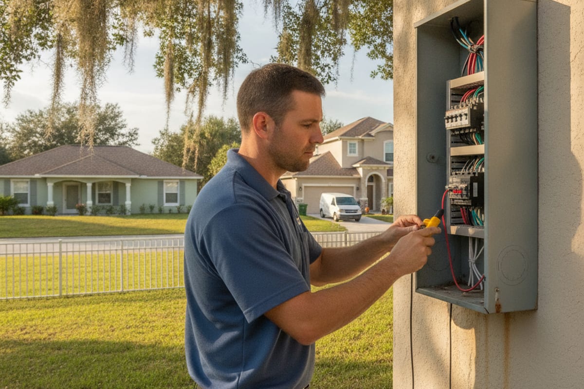 Electrician testing an exterior electrical panel on a suburban Wesley Chapel home with mature oak trees nearby