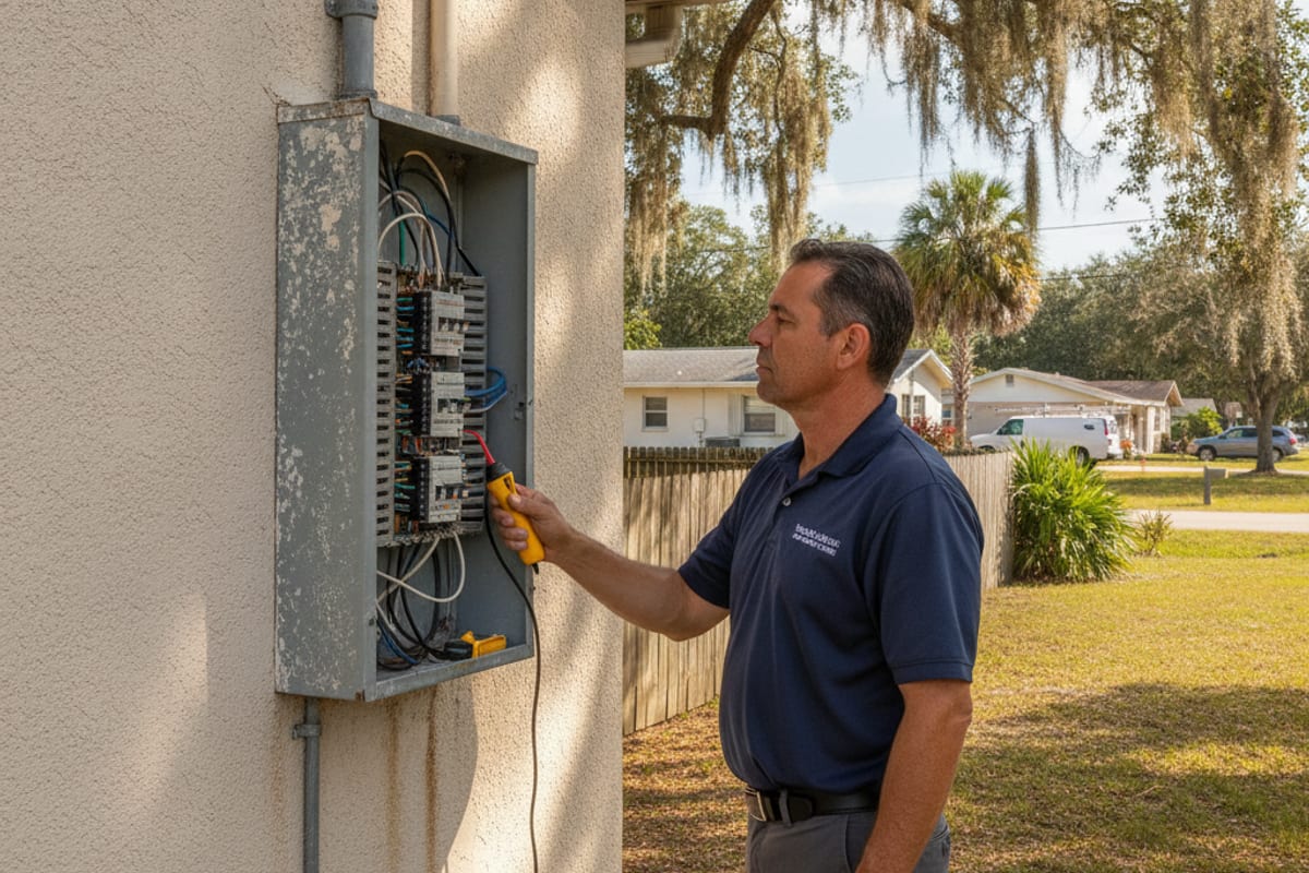 Electricista en polo azul marino probando un panel de disyuntores exterior en una casa en Zephyrhills, Florida con robles maduros y calle residencial visible en el fondo