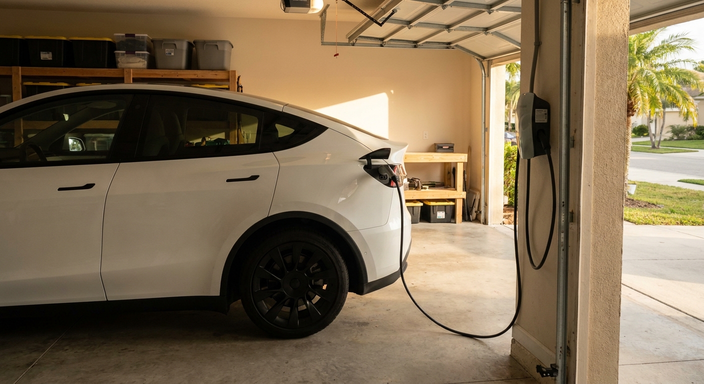 Electrician installing a Level 2 EV charger in a Tampa Bay garage