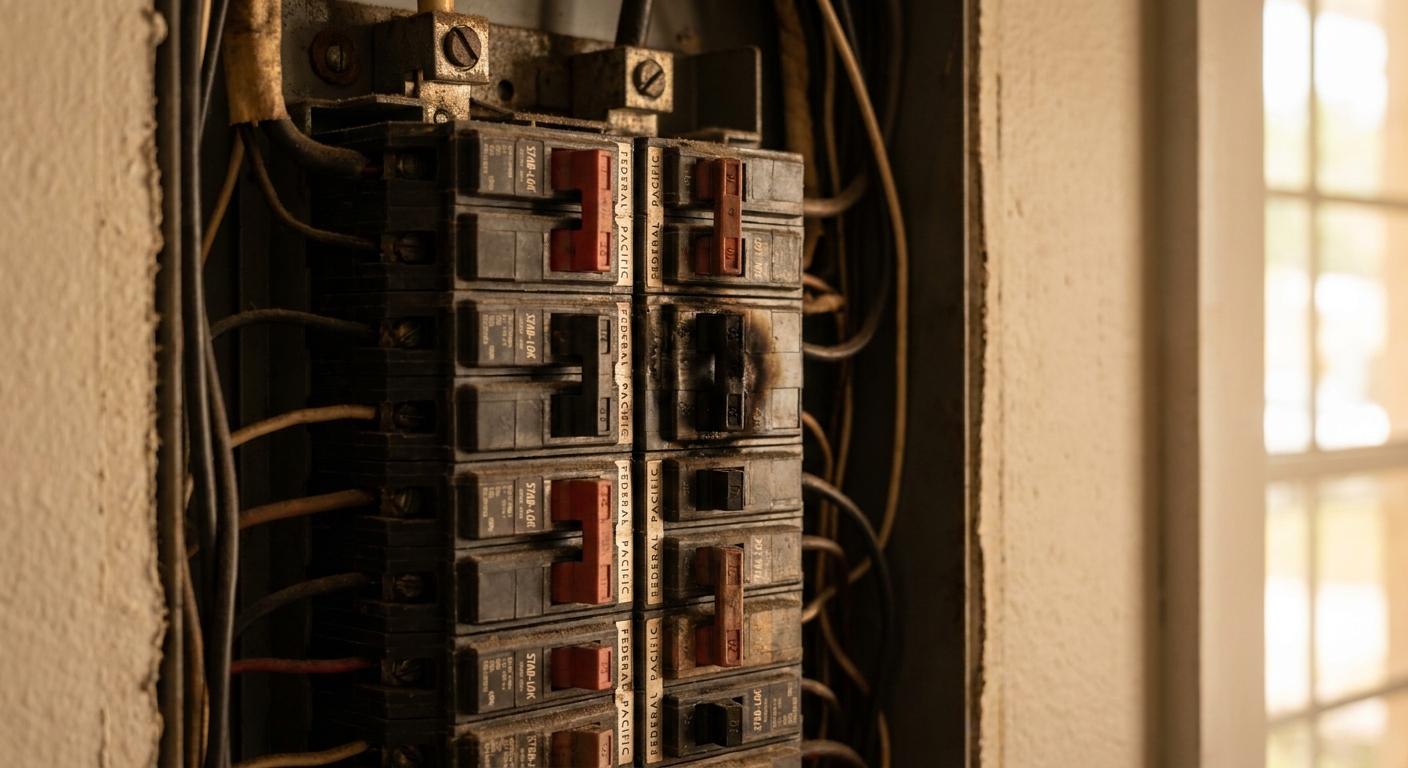 Federal Pacific electrical panel with breakers, a known fire risk in older Tampa homes