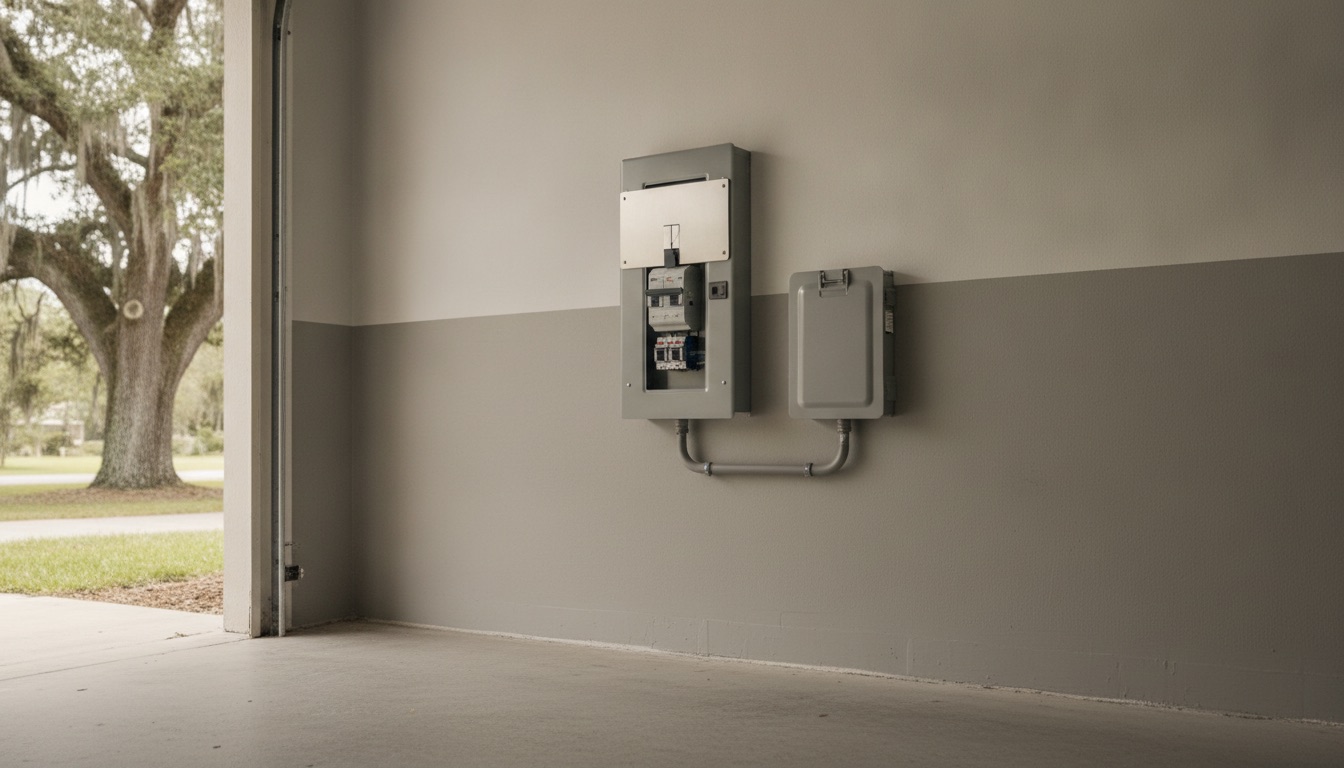Open residential electrical panel with a generator interlock plate over the main breaker and a generator inlet box mounted on the wall beside it
