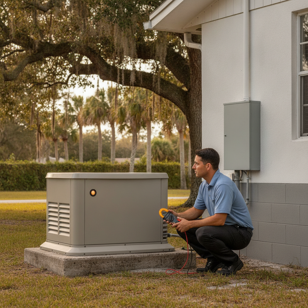 Standby generator with its service panel closed beside a Tampa concrete block wall, status light visible through the louvers
