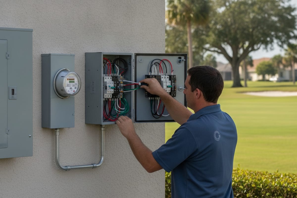 Electricista cableando un interruptor de transferencia automático instalado junto al panel principal afuera de una casa en Palm Harbor