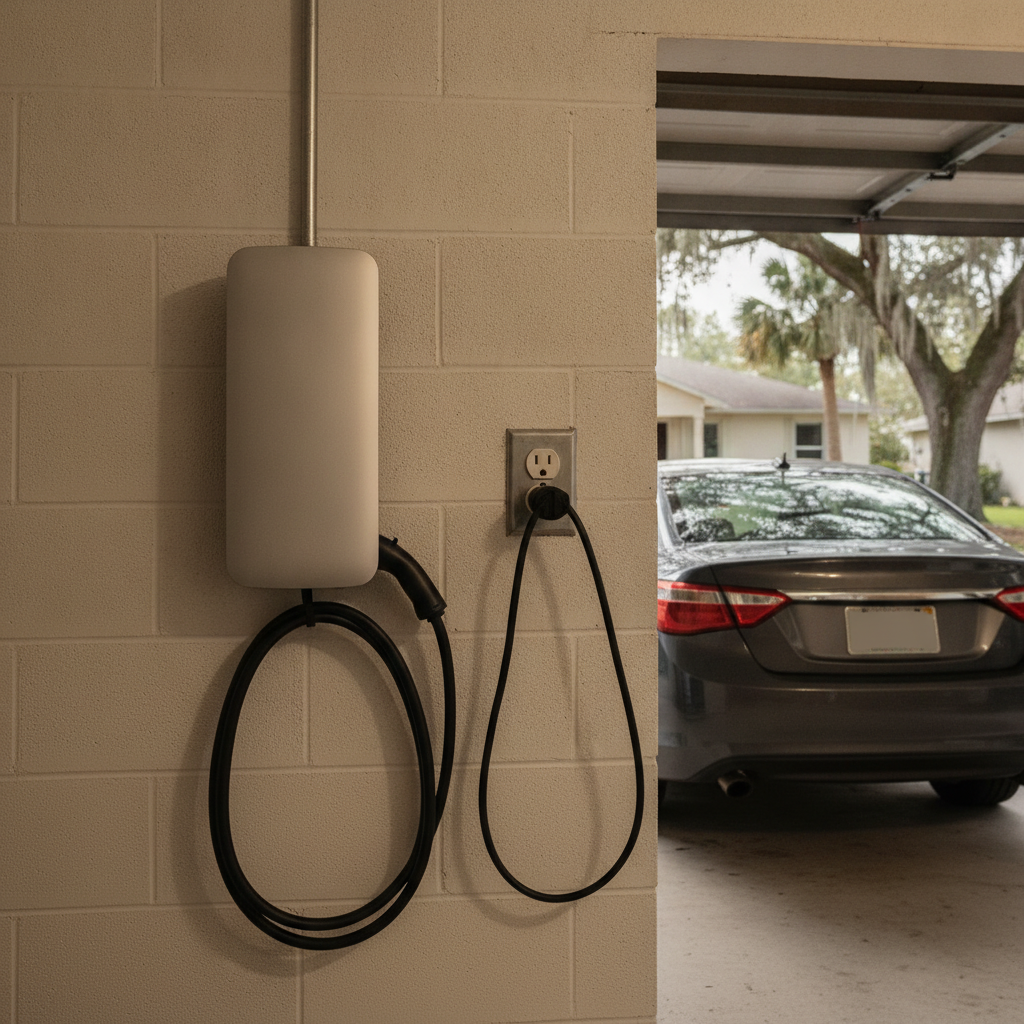 Hardwired Level 2 EV charger mounted beside a cord-and-plug wall receptacle in a Tampa Bay garage