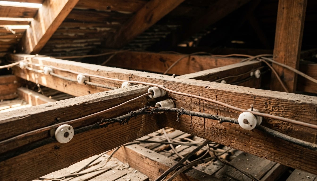 Clavijas y tubos de cerámica sosteniendo los conductores vivo y neutro separados en el ático de una casa antigua de Tampa Bay