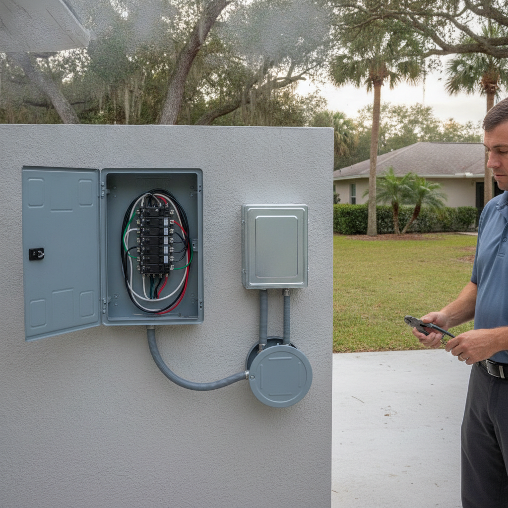 Tampa patio with a grill, undercounter fridge, and weatherproof receptacles on a stucco wall