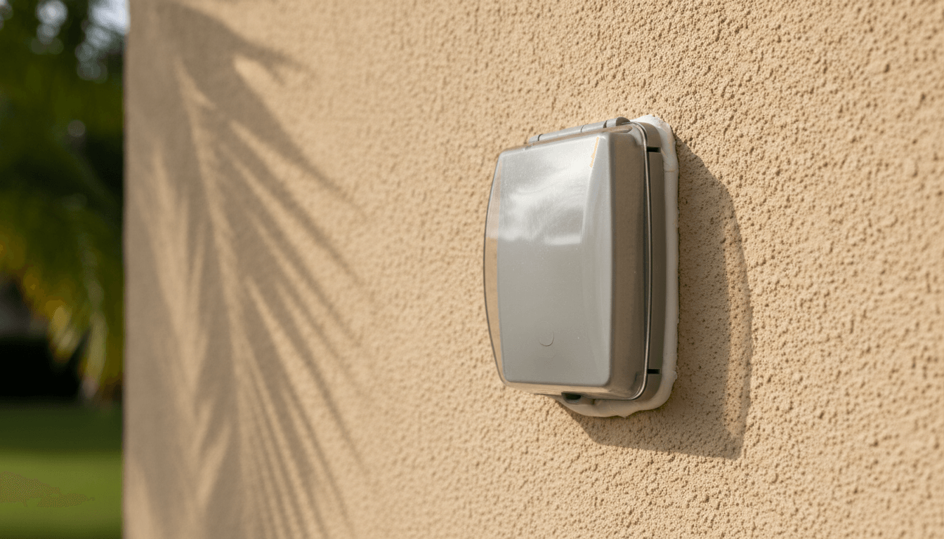Exterior wall receptacle with a closed weatherproof cover on a Florida stucco wall