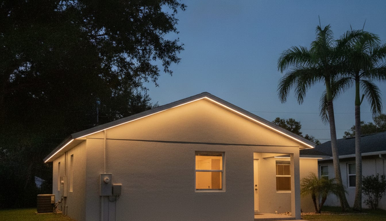 Tampa home at dusk with warm permanent roofline lighting along the eaves and soffit