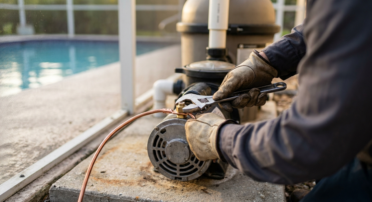 Electricista ajustando un cable de cobre desnudo de unión equipotencial en la bomba de una piscina en Tampa Bay
