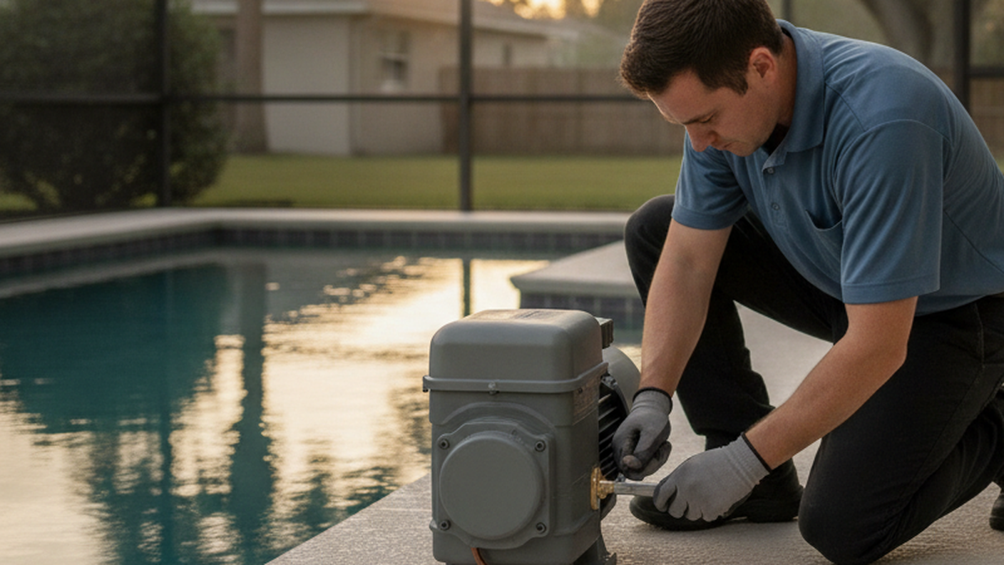Person working on an electrical enclosure beside a swimming pool