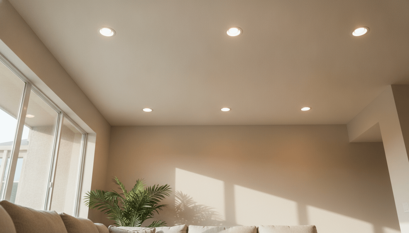 Recessed can lights installed in the white ceiling of a Tampa Bay living room