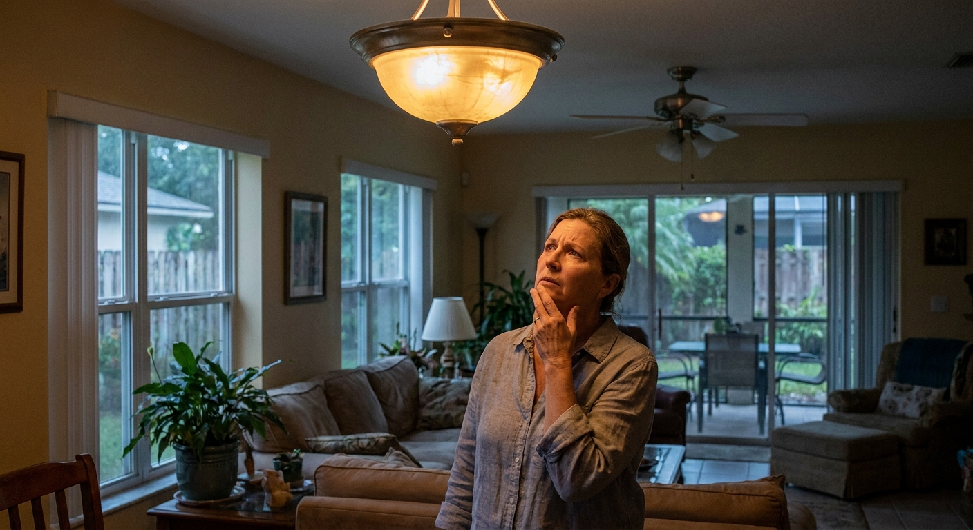 Homeowner inspecting a flickering light switch, a common sign of an electrical problem